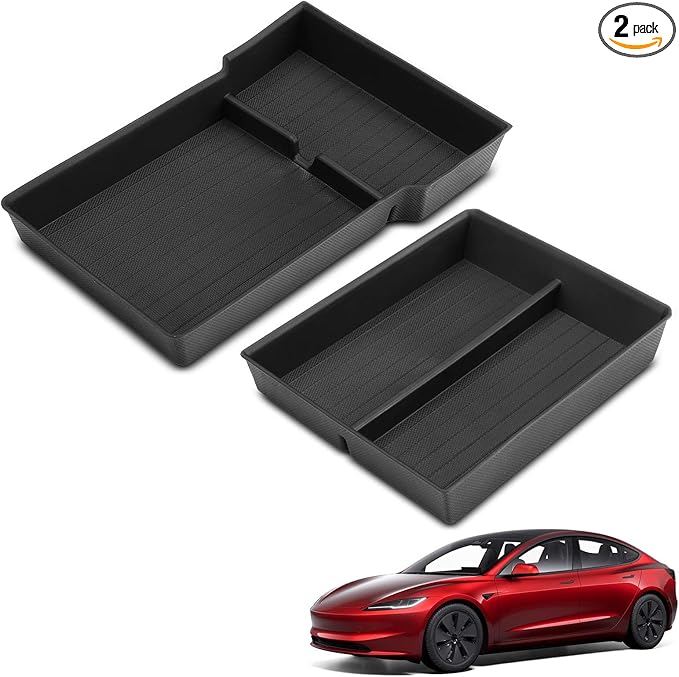 YHTAUTO Lower Center Console Organizer Tray Compatible with 2024 2025 Tesla Model 3 Highland (Standard/Premium/Performance), TPE Hidden Storage Box, Model 3 Highland Accessories 2PCS