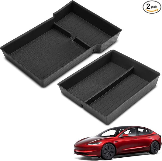 YHTAUTO Lower Center Console Organizer Tray Compatible with 2024 2025 Tesla Model 3 Highland (Standard/Premium/Performance), TPE Hidden Storage Box, Model 3 Highland Accessories 2PCS