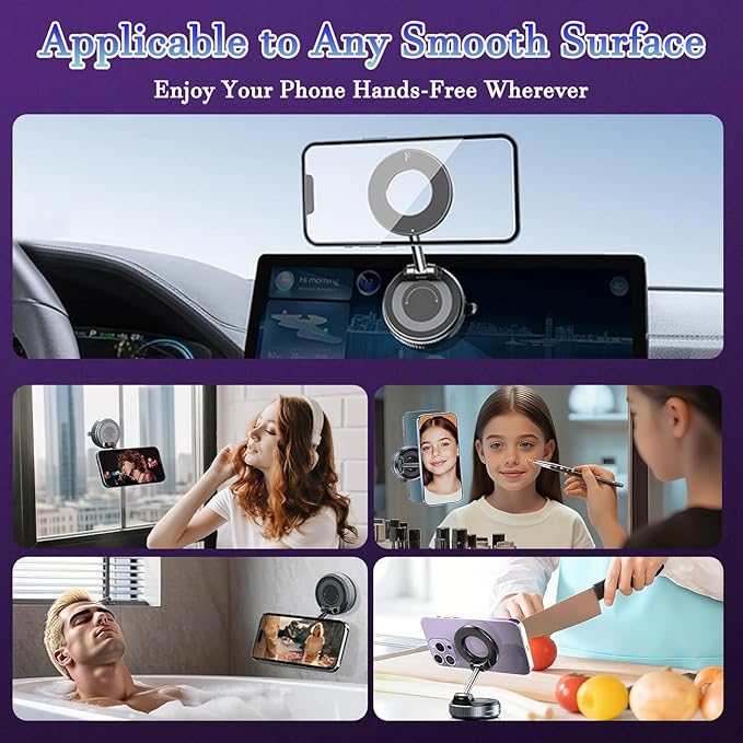 Upgraded 360° Vacuum Magnetic Suction Cup Phone Holder, Foldable and Reinforced Ultra Suction Cup Phone Mount, Compatible with All Smartphones for Car/Gym/Mirror/Smooth Surface (Black)