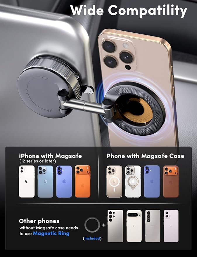 ELWEY Phone Holders for Your Car Magnetic, 360° Vacuum Adjustable Suction Cup Car Phone Mount Magsafe [98+LBS Strong Suction & 3200gf Power Magnet] for iPhone 17 Pro Max 16 15 14 13 12 Plus