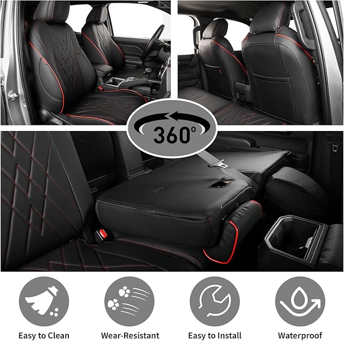 EKR Custom Fit Tacoma Car Seat Covers for Select Toyota Tacoma (Petrol) 2024 2025 2026 Double cab SR,SR5,TRD Sport,TRD Off-Road,Limited - Full Set,Leather(Black with Red Trim)