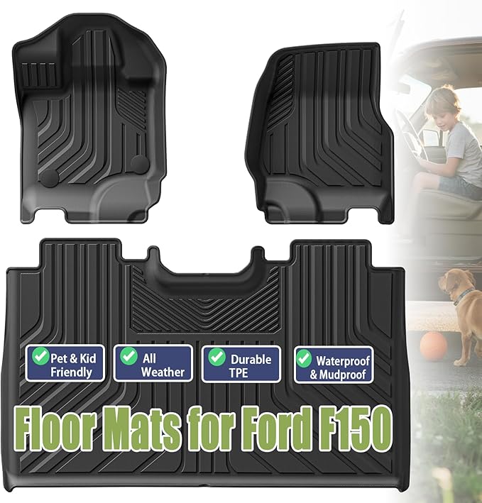 TPE Car Floor Mats for Ford F-150 2015-2025 & F150 Lightning 2022-2025 SuperCrew (Rear w/o Fold Flat Storage), Custom Fit Carpet Floor All Weather Truck Mats - Front and Rear Row, 3PCS