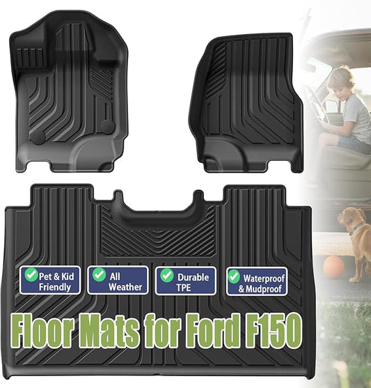 TPE Car Floor Mats for Ford F-150 2015-2025 & F150 Lightning 2022-2025 SuperCrew (Rear w/o Fold Flat Storage), Custom Fit Carpet Floor All Weather Truck Mats - Front and Rear Row, 3PCS