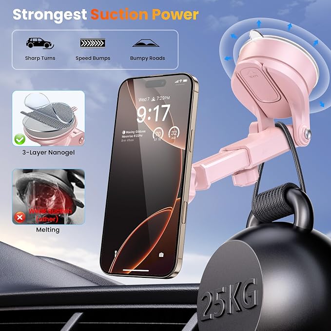 for MagSafe Magnetic Car Phone Holder [2025 Upgraded Strongest Magnet] Car Mount Suction Cell Stand for Dashboard Windshield Vent Compatible with iPhone 16/15/14/13/12/11 Android etc-Pink