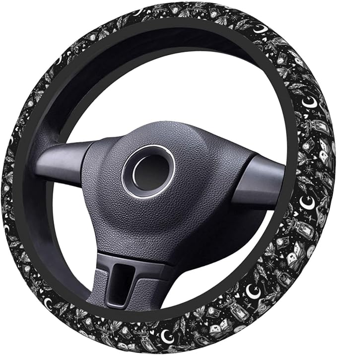 Witchy Skull Symbols Steering Wheel Cover for Women Girls, 15 Inches Anti-Slip Steering Wheel Cover for Auto Truck SUV