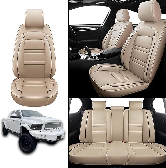 Seat Covers for Dodge ram 2500 2004-2011 | 5-Seats Leather Seat Covers, Easy to Install Automotive Seat Covers Full Set (Full Set, Beige)