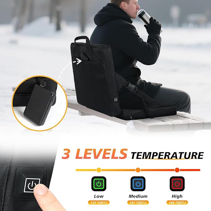 Portable Heated Seat Cushion 10000mAh Heated Stadium Seat Cushion Foldable Heated Seat Pad 3-Level Adjustable Temperature USB Powered and Lightweight for Outdoor Camping (Power Bank Included)