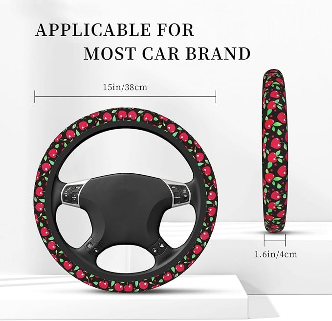 Red Cherry and Hearts Steering Wheel Cover for Women Girls, 15 Inches Anti-Slip Steering Wheel Cover for Auto Truck SUV