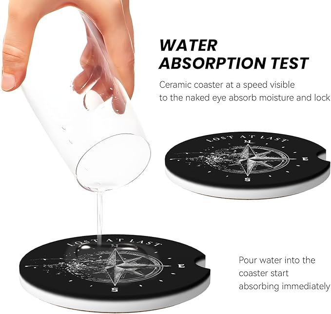 Absorbent Car Coasters for Cup Holders, 2 Pack Universal Anti Slip Ceramic Cup Coaster for Women Men 2.56 Inch Car Interior Accessories - Compass Lost at Last 023