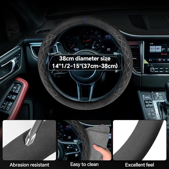 Alcantara Sports Steering Wheel Cover 14.5" to 15" Fit - Anti-Slip Comfort Grip, Durable Soft Suede-Feel Luxury Material for Men Drivers | Fits Sports Cars, Luxury Cars, Sedans, SUVs and EV