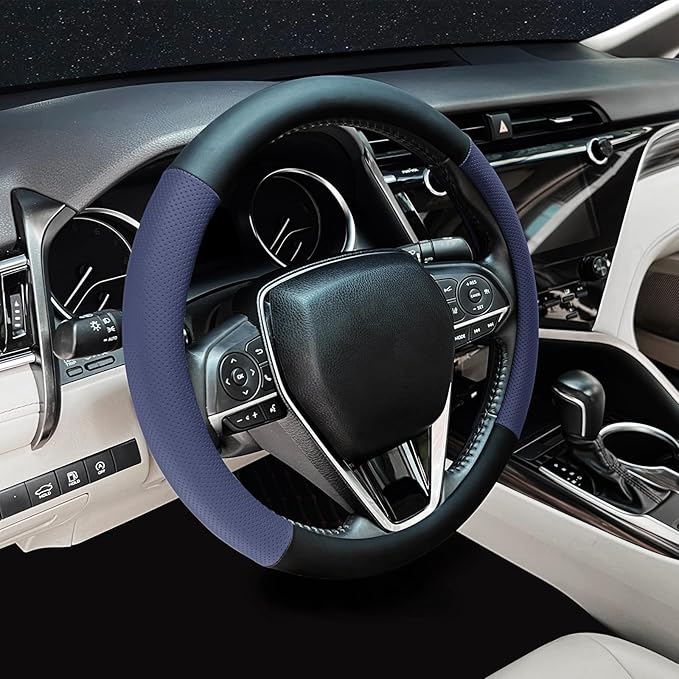 Steering Wheel Cover Standard Size 14.5-15 inch, Non-Slip Car Wheel Cover Protector, Breathable Microfiber Leather, Black and Blue