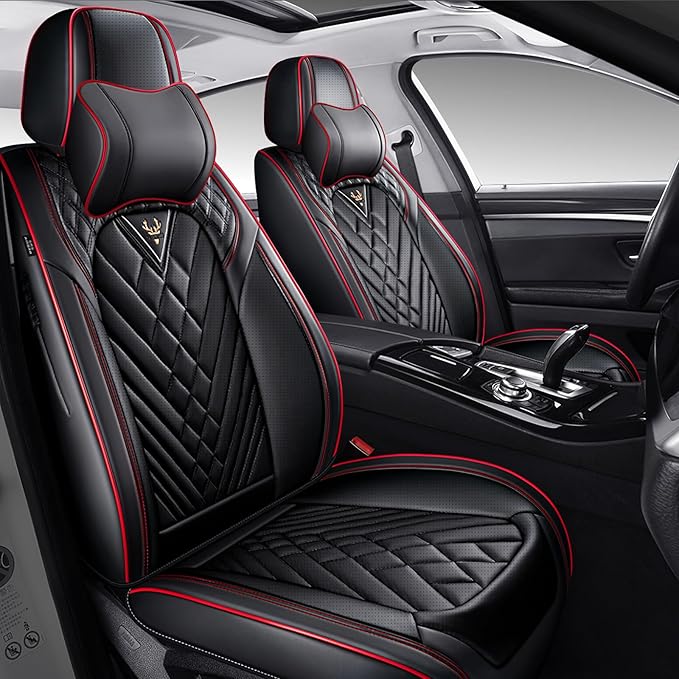 Universal Leather Seat Covers for Cars - Auto Seat Protector with Headrest, Wear-Resistant Car Seat Cushion (Black & Red, 2 Seats)