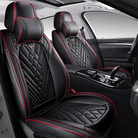 Universal Leather Seat Covers for Cars - Auto Seat Protector with Headrest, Wear-Resistant Car Seat Cushion (Black & Red, 2 Seats)
