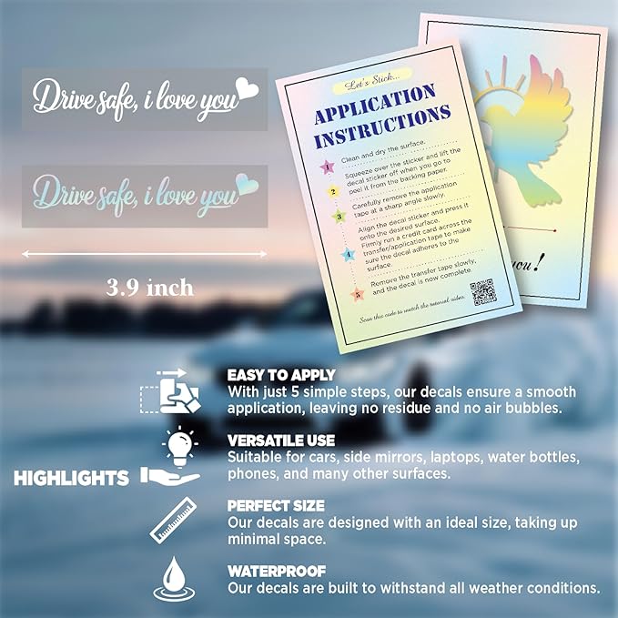 3-Pack I Love You Drive Safe Mirror Sticker — Holographic Heart Rearview Mirror Stickers, Car Mirror Decal Cute Car Accessories & Driving Safety Reminder for Cars, Trucks, SUVs, Laptops