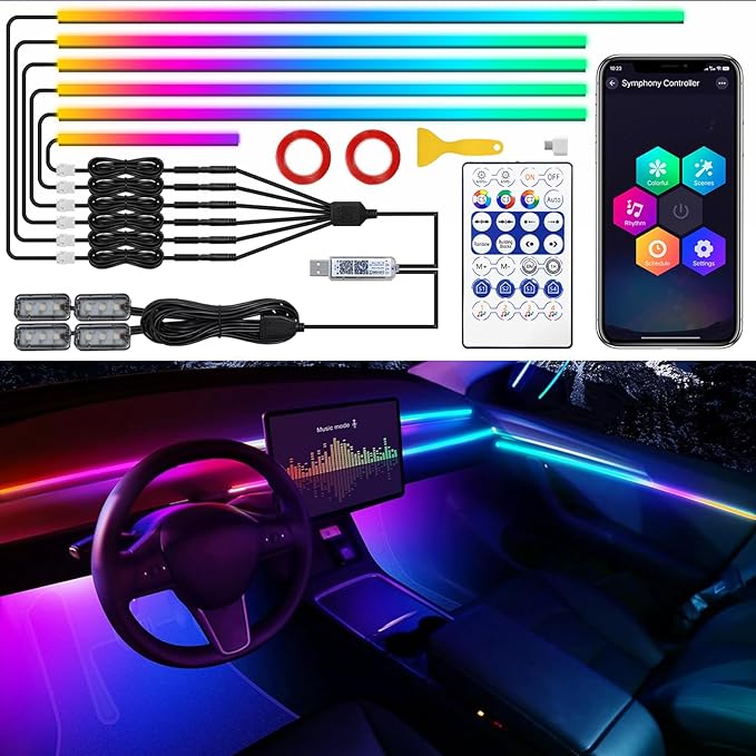 Dreamcolor Acrylic Interior Car LED Strip Light with USB/Type C, 10 in 1 with 179.24 inches 610 LEDs Ambient Lighting Kits, Sound Active Function Neon Accessories