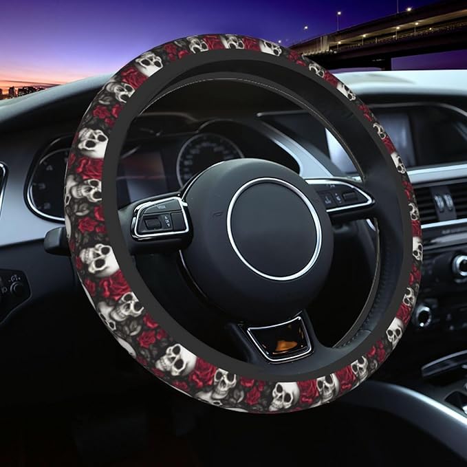 Skull Rose Steering Wheel Cover with 2 Car Coasters Non Slip Neoprene for Women Men Universal 15 Inch