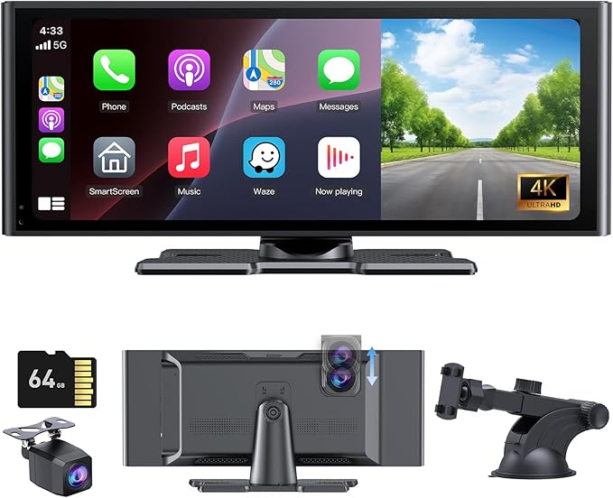 Carplay Screen for Car 10.26" HD IPS Wireless Compatible with Apple Carplay & Android Auto,Touch Car Play Screen with SuperLink,4K Dash Cam,1080p Backup Camera,Loop Recording,Bluetooth Audio,GPS,Siri