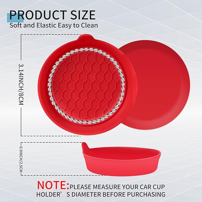 Amooca Car Cup Coaster Universal Non-Slip Cup Holders Bling Crystal Rhinestone Car Interior Accessories 4 Pack Red