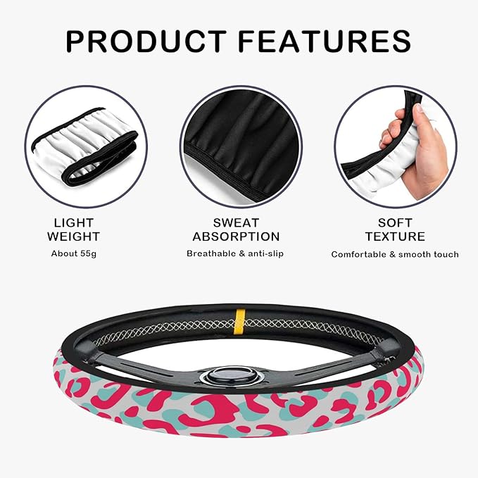 Unique Cheetah Leopard Print Steering Wheel Cover for Women Men Anti-Slip Breathable and Sweat Absorption Universal 15 Inch Steering Wheel Cover