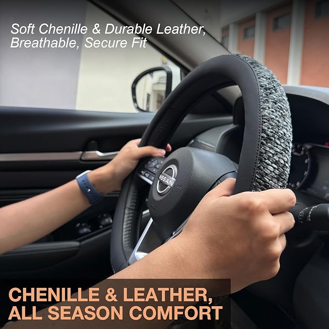 PINCTROT D Shaped Chenille Leather Steering Wheel Cover, Soft Mottled Colors, Sweat-Proof, Non-Slip Grip, All-Season Comfort, Flat Bottom 14.5-15 Inch(Mottled Gray)