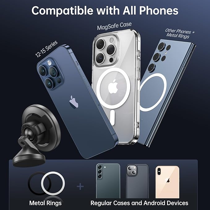 SYNCWIRE MagSafe Car Mount - Flexible Rotation Magnetic Phone Holder for Dash, Strong Magnets, Universal Compatible iPhone, Samsung, Pixel - MagSafe Car Accessories