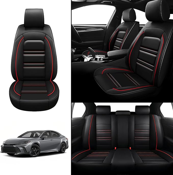 Seat Covers for Toyota Camry 2002-2025 | 5-Seats Leather Seat Covers, Easy to Install Automotive Seat Covers Full Set (Full Set, Black&Red Line)