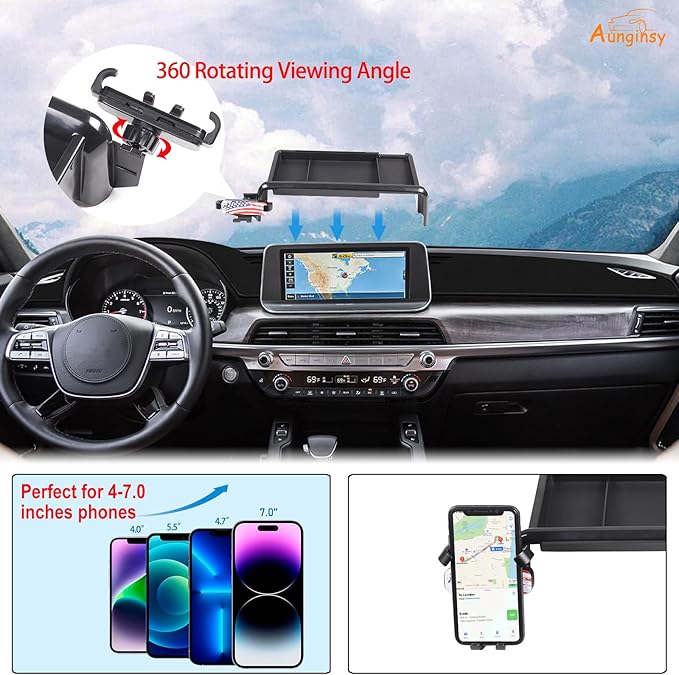Aunginsy Center Console Dash Storage Tray with Phone Holder Compatible with Kia Telluride 2020-2022 Dashboard Storage Box Organizer Mobile Phone Mount Bracket Dash Storage Tray Interior Accessories