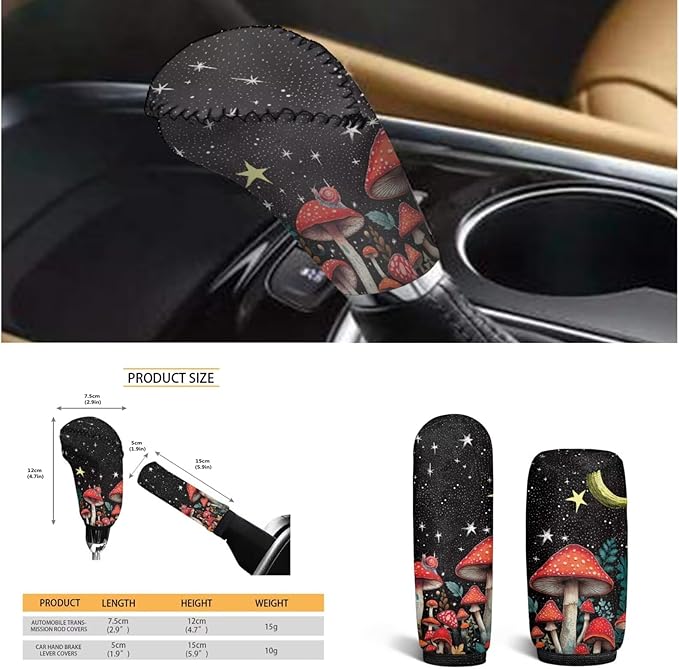 Moon & Mushroon Car Decor Set Steering Wheel Cover Cute Armrest Cushion Fashion Car Interior Accessories for Men Women 6 PCS