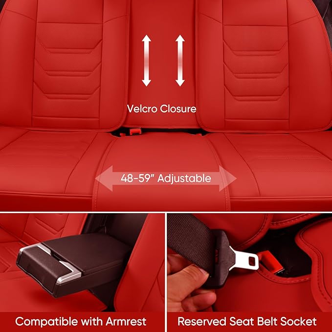 Leather Car Seat Covers Full Set with Lumbar Support, Waterproof Car Seat Cover, Universal Seat Covers for Cars, Trucks, SUVs, Sedans, Airbag Compatible, Front Pair and Rear, Red