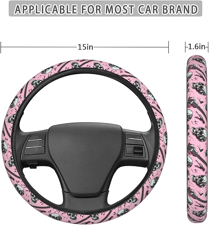 Rock Roll Skull Love Music Steering Wheel Covers Anti-Slip Elasticity Car Accessories Steering Wheel Protector Universal 15 Inch for Cars SUV Vehicle Truck