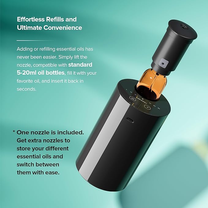 Waterless Essential Oil Diffuser for Home Aromatherapy Car Nebulizing Diffuser Battery Operated 5-20mL Mini Scent Air Machine Up to 600 Sq.Ft. 4 Countdown Timers 3 Mist-Level (AN7 Black)