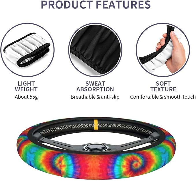Tie Dye Steering Wheel Cover with 2 Car Coasters Non Slip Neoprene for Women Men Universal 15 Inch