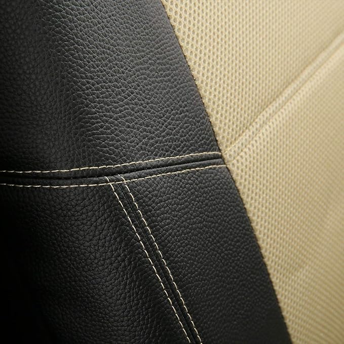 P&J AUTO Leather and Mesh Car Seat Cover Front Pair Universal Fit for Cars Trucks Vans & SUVs Airbag Compatible (Beige)