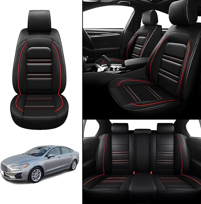 Seat Covers for Ford Fusion 2006-2020 | 5-Seats Leather Seat Covers, Easy to Install Automotive Seat Covers Full Set (Full Set, Black&Red Line)