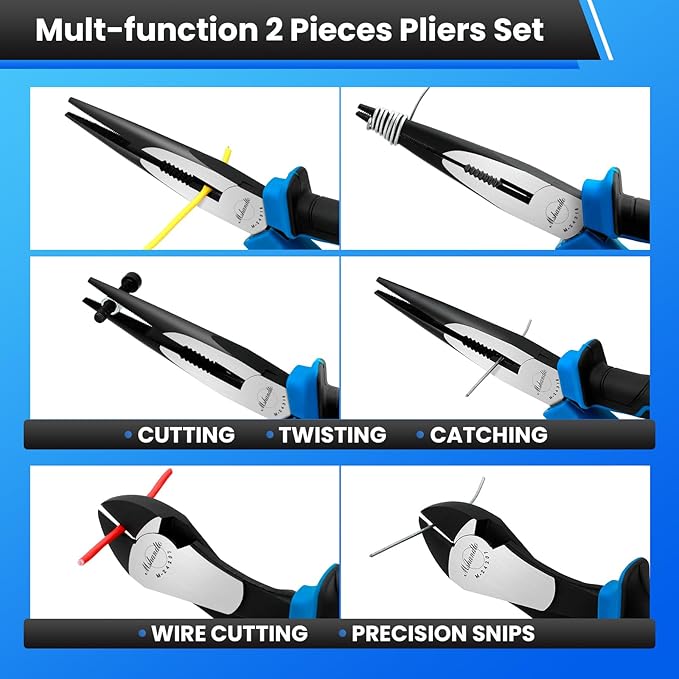 2 Pieces Plier Set, Including 8" Needle Nose Pliers and 7" Diagonal Cutting Pliers, Premium High Carbon Steel Construction for Plumbing, and General Applications Multi-use Tools Set