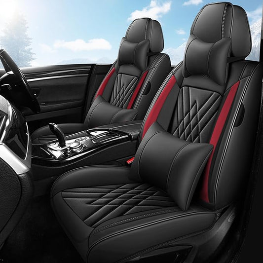 Seat Covers Fit for Toyota Corolla 2015-2026 Leather Car Seat Cover, Stylish Waterproof Breathable Easy to Install Airbag Compatibility, Auto Interior Accessories(Front Set with Pillow,Black Red)