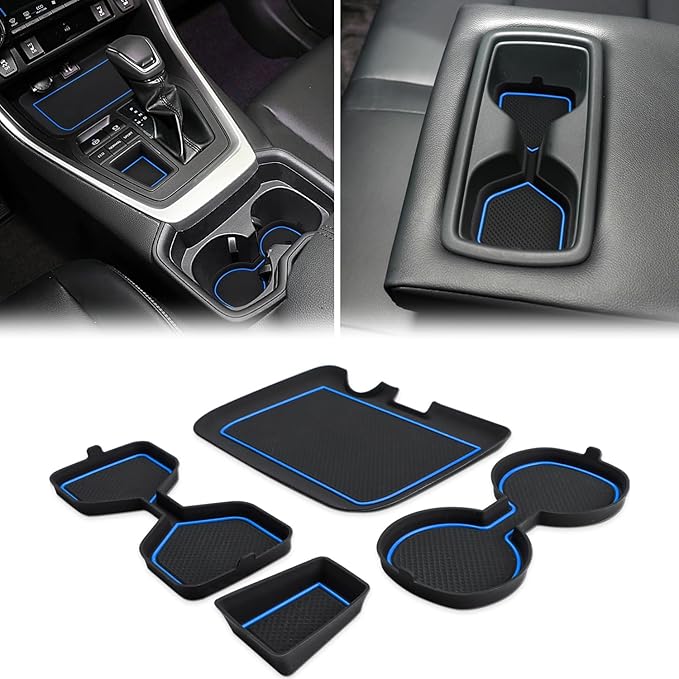 Auovo 3D Cup Holder Insert Liners Compatible with Toyota RAV4 Accessories 2025 2024 2023 2022 2021 2020 2019 Car Custom Cup Holder Mats Pads 4-pc Set (Blue Trim)