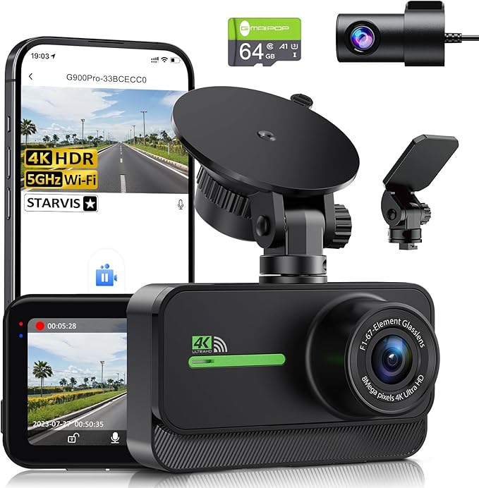 GMAIPOP Dash Cam Front and Rear,4K+2K Dash Camera for Cars with STARVIS Sensor,Built in 5GHz Wi-Fi, Free 64GB Card Included, Dual Dashbord Dashcam,Night Vision,Emergency Lock, Parking Mode