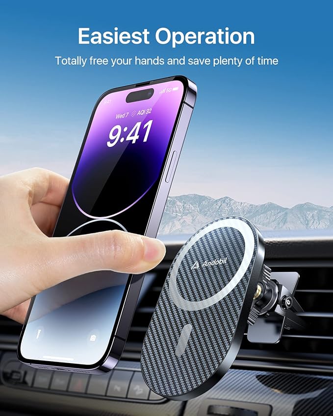 andobil Upgraded for Magsafe Car Mount Pro [Strongest Magnet, Big Phone Friendly] 360° Rotation Magnetic Phone Holder for Car Vent for iPhone 17 Pro Max 16/15/14/13/12 Samsung S25/S24 (Carbon Fiber)
