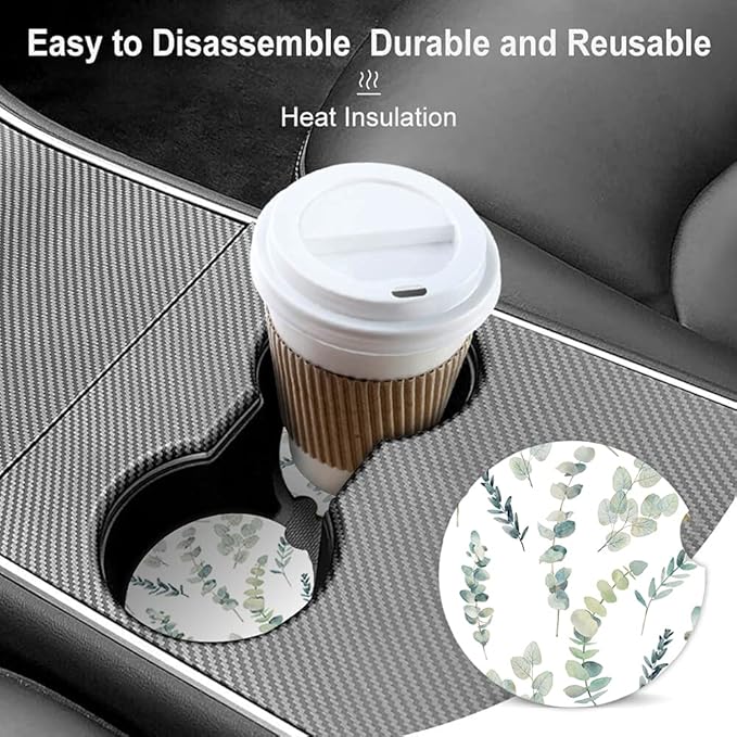 Green Leaf Watercolor Floral Absorbent Cup Holders Car Coasters,Ceramic Stone Drinks Coaster Set for Women Man 2.56"(2 Pack)