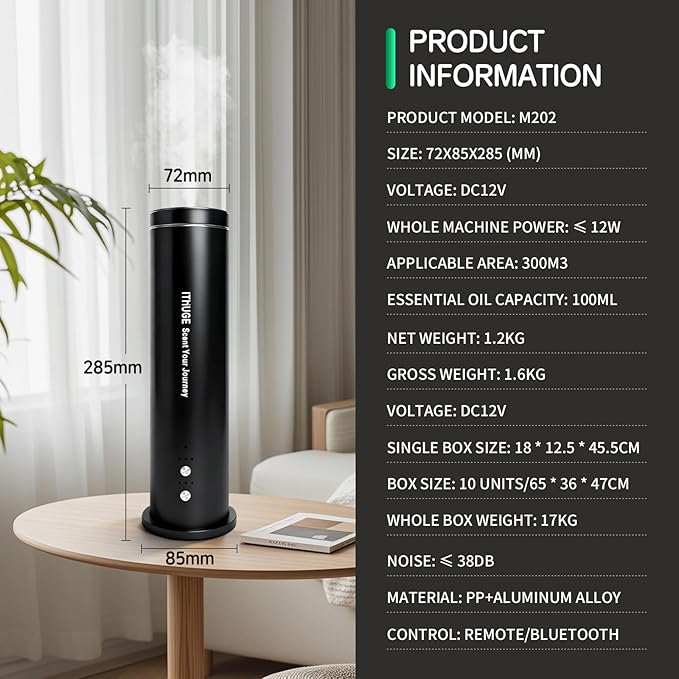 Waterless Essential Oil Diffuser for Large Room, 1200 Sq Ft Coverage with Bluetooth App & Remote Control with 100ml Empty Bottle, Cold Air Aromatherapy Machine for Home Office, Quiet Operation(M202S)