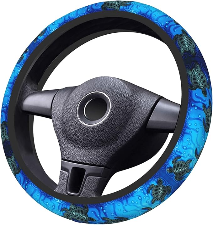 Watercolor Blue Sea Turtle Car Steering Wheel Cover Universal Fit 15 Inch, Anti-Slip Breathable Sweat Absorption Neoprene Steering Wheel Protector for Women Men