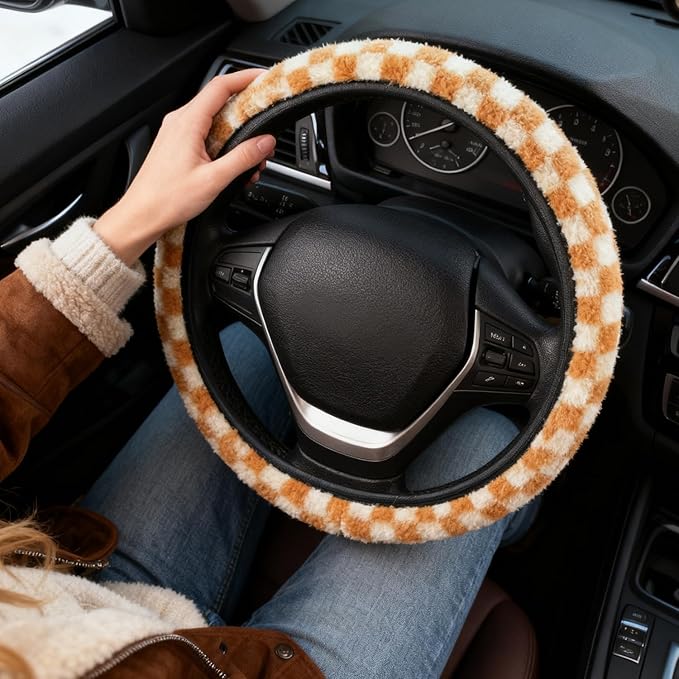 Yellow and White Checkered Fuzzy Steering Wheel Cover for Women, Universal Auto Steering Wheel 14-15 Inch Soft Warm Car Interior Accessories with 2PCS Car Coasters, Suitable for Men and Women
