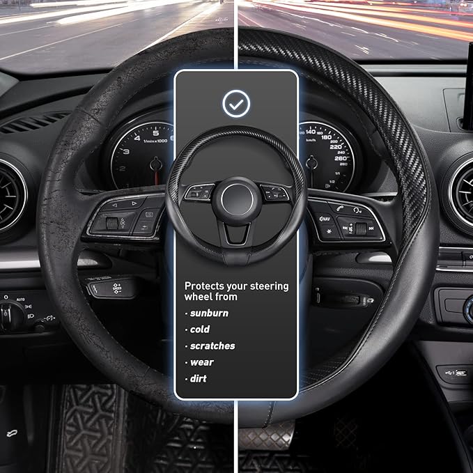 SEG Direct Car Steering Wheel Cover Small-Size for Prius Civic Model 3 Model Y Camaro Rogue with 14"-14 1/4" Outer Diameter Leather with Carbon Fiber Pattern Black