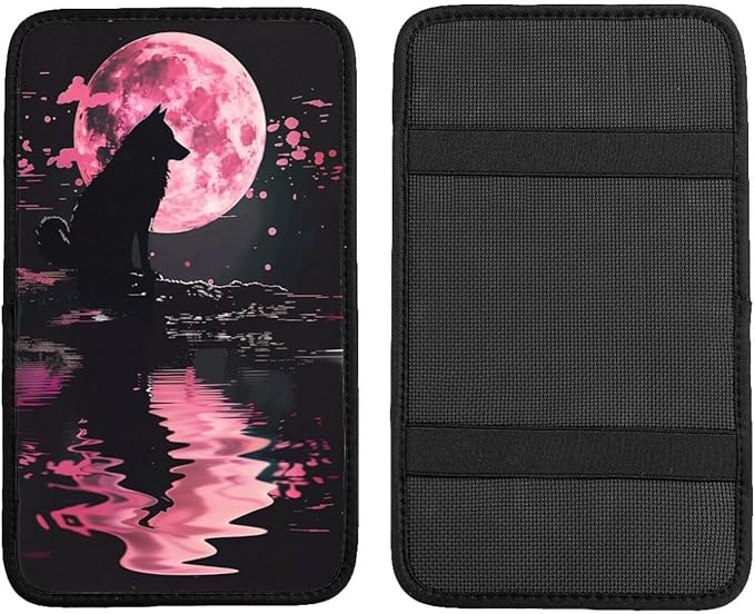 Universal Car Center Console Cushion Pad, Wolf in The Pink Moonlight Soft Waterproof Car Center Console Cover Auto Armrest Seat Box Cover Protector for Most Vehicle SUV Truck Car