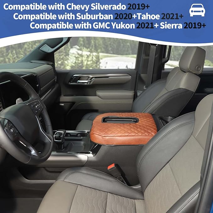 RT-TCZ for Silverado Center Console Cover Armrest Pad for Chevy Silverado Suburban Tahoe for GMC Yukon Sierra 2019 Up Brown Interior Accessories