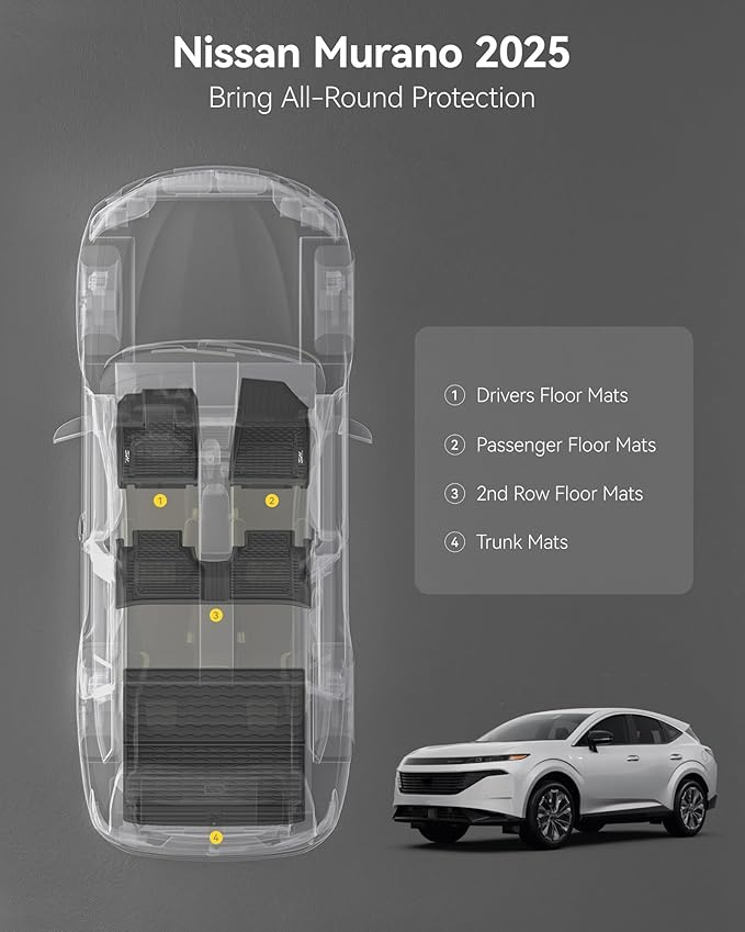 3W Floor Mats & Cargo Liner Fit Nissan Murano 2025, All Weather TPE Non-Slip Custom Fit Floor Liners Set for Murano, Heavy Duty Automotive Protection Full Set Car Mats & Trunk Mat, Black