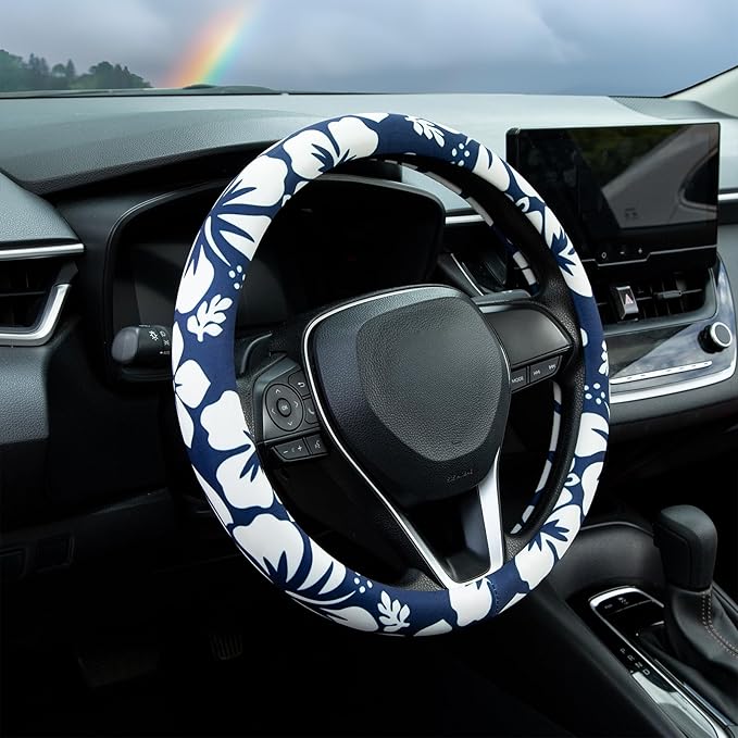 White Hibiscus Hawaii Steering Wheel Cover Auto Steering Wheel Protector, Anti-Slip, Breathable, Absorbing Sweat, Universal Floral Car Accessories 14.5–15 inch