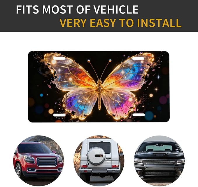 Butterfly Sparkling Starlight Front License Plate Car Decorative License Plates Aluminum Metal Decor Accessory Novelty Vanity Tag Cover with 4 Holes for Men Women 6" X 12"