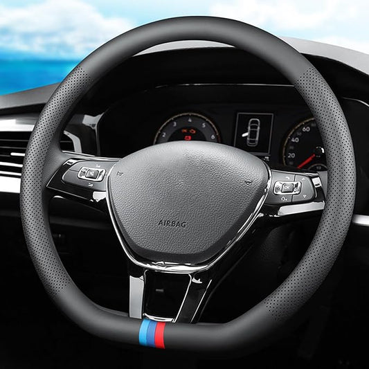 Tricolor Stripes D-Type Steering Wheel Cover, Cute Steering Wheel Cover for Women, 14.5-15 Inch Non-Slip Breathable Microfiber Car Steering Wheel Protector